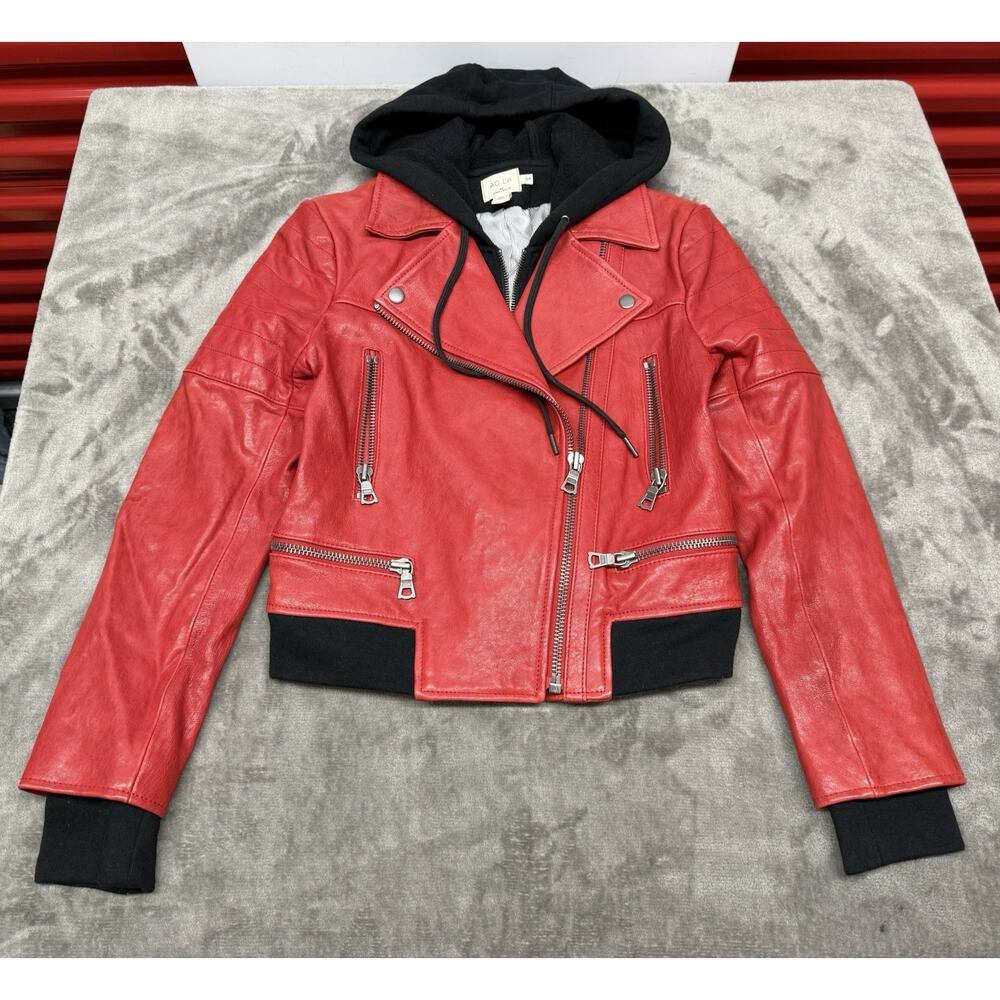 Alice + Olivia Avril Red Lamb Leather Hooded Moto Jacket Small S $995 - Picture 8 of 12